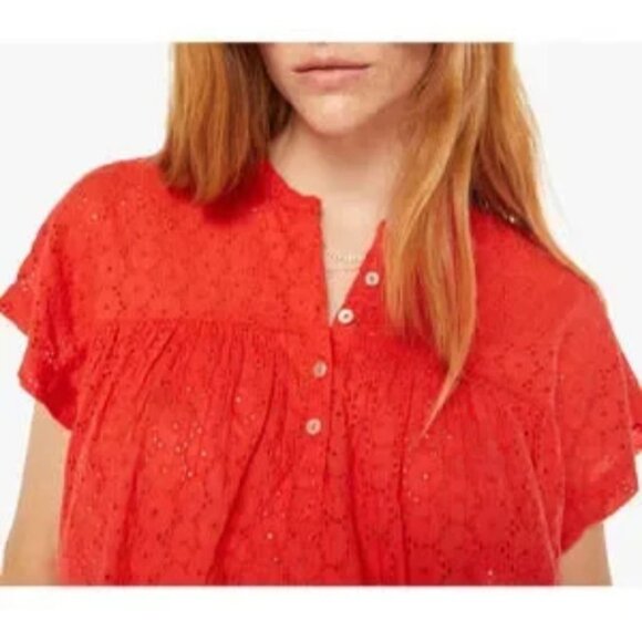 MOTHER Pop Your Top Red Eyelet Lace Peasant Top - Picture 2 of 9